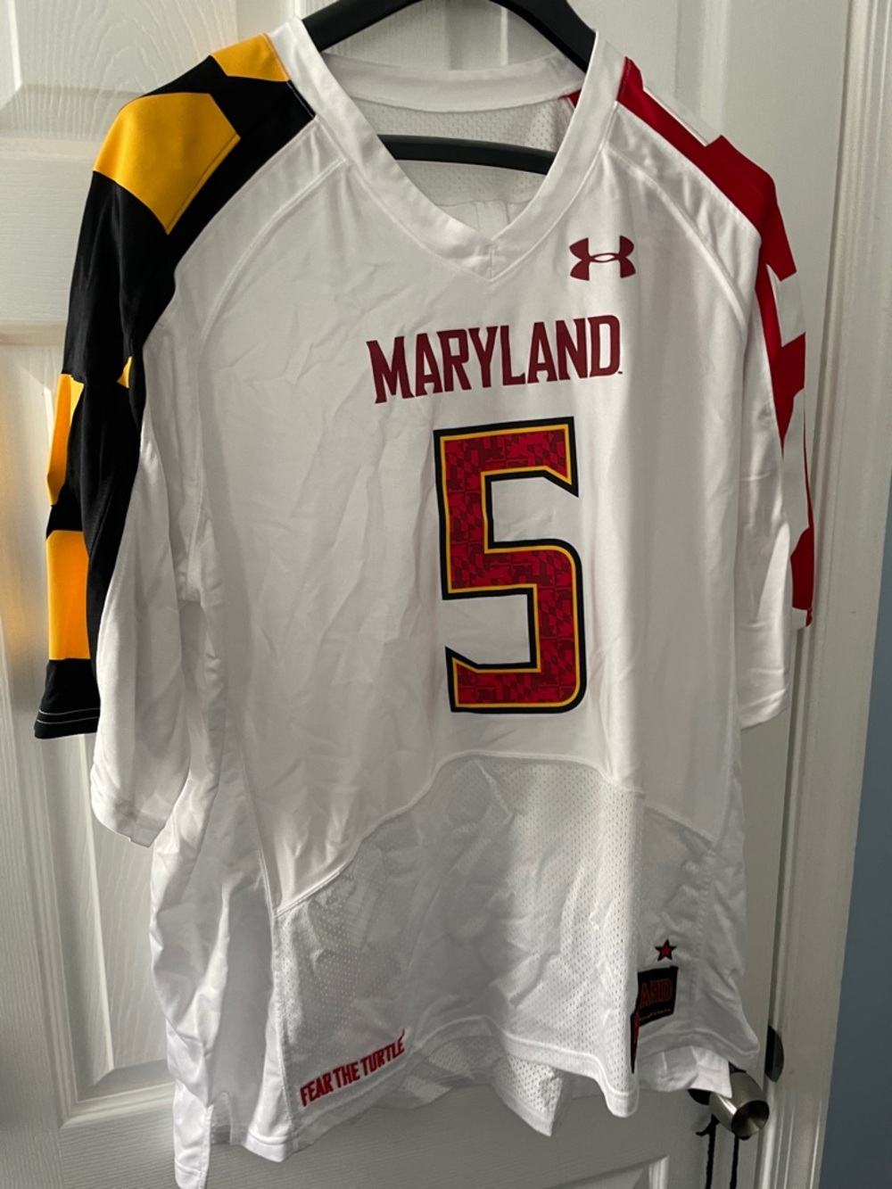 Under Armour White Maryland #5 Lacrosse Jersey with Red and Gold Accents